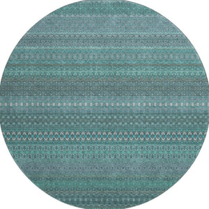 HomeRoots 8' Turquoise & Ivory Striped Washable Round Rug - Durable, UV-Protected, Perfect for Any Space! 647557