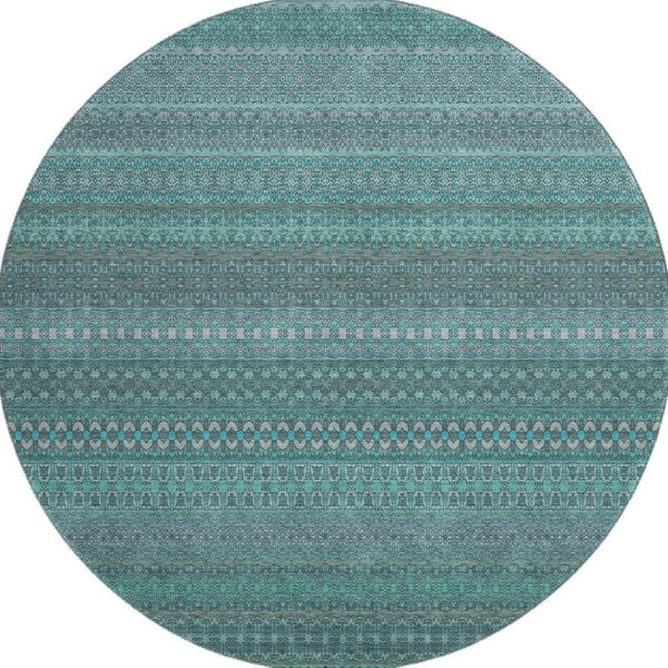 HomeRoots 8' Turquoise & Ivory Striped Washable Round Rug - Durable, UV-Protected, Perfect for Any Space! 647557