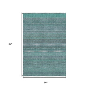 HomeRoots 8' X 10' Turquoise and Ivory Striped Washable Area Rug - UV Protected, Stain-Resistant, Durable Design 647558