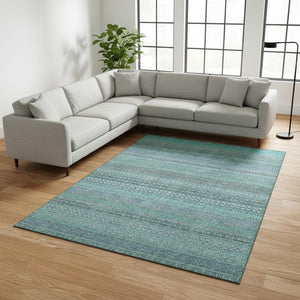 HomeRoots 8' X 10' Turquoise and Ivory Striped Washable Area Rug - UV Protected, Stain-Resistant, Durable Design 647558