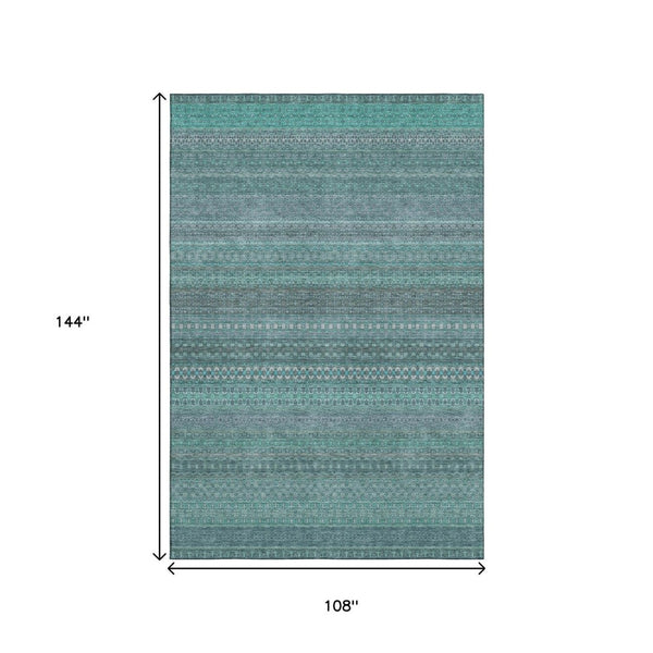 HomeRoots 9' X 12' Coastal Turquoise & Ivory Striped Washable Area Rug with Stain Resistance & UV Protection 647559