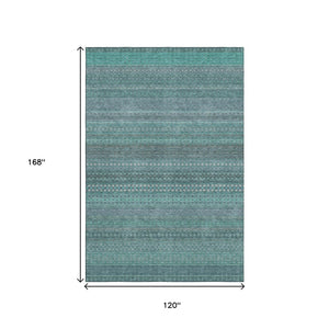 HomeRoots 10' X 14' Turquoise & Ivory Striped Area Rug - Washable, UV-Protected, Perfect for High-Traffic Spaces 647560