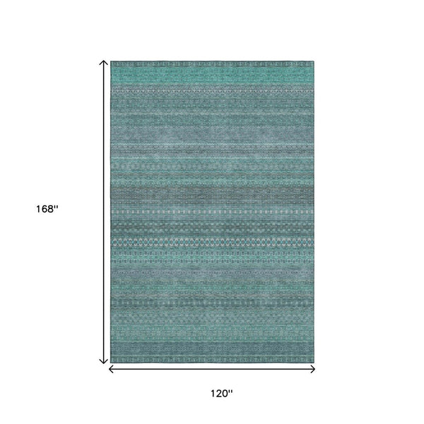 HomeRoots 10' X 14' Turquoise & Ivory Striped Area Rug - Washable, UV-Protected, Perfect for High-Traffic Spaces 647560