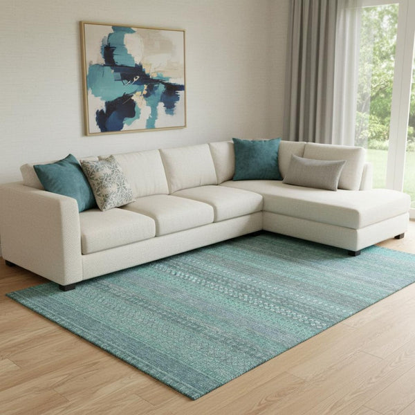 HomeRoots 10' X 14' Turquoise & Ivory Striped Area Rug - Washable, UV-Protected, Perfect for High-Traffic Spaces 647560