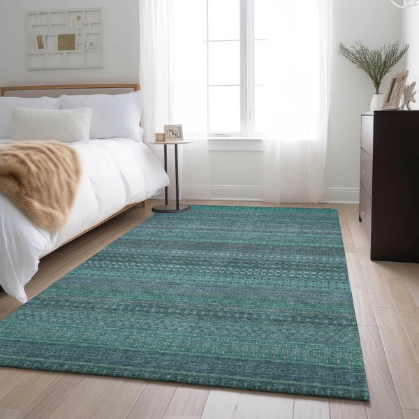 HomeRoots 10' X 14' Turquoise & Ivory Striped Area Rug - Washable, UV-Protected, Perfect for High-Traffic Spaces 647560