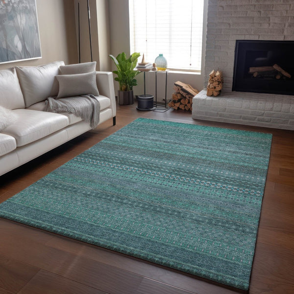 HomeRoots 10' X 14' Turquoise & Ivory Striped Area Rug - Washable, UV-Protected, Perfect for High-Traffic Spaces 647560