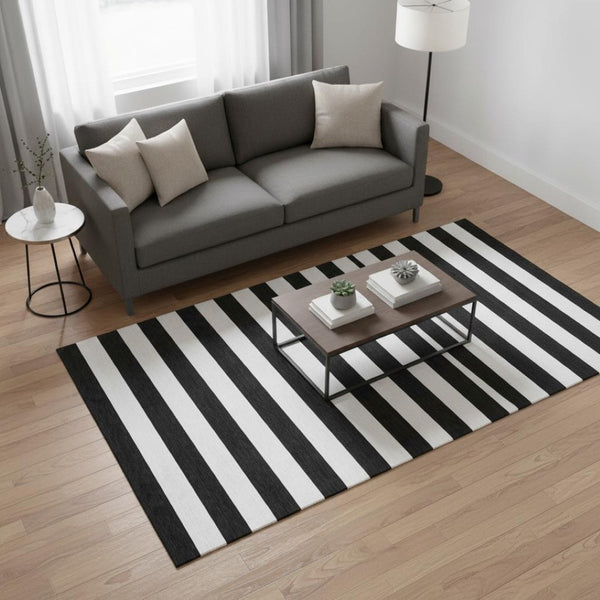HomeRoots 5' X 8' Black And Ivory Striped Area Rug - Washable, UV Protected, Durable, Modern & Stylish Home Decor 647562