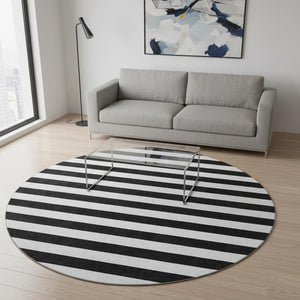 HomeRoots 8' Black And Ivory Striped Round Rug - Washable, UV Protected, Durable, Perfect for Any Space! 647563