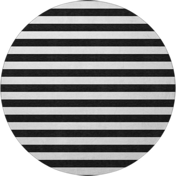 HomeRoots 8' Black And Ivory Striped Round Rug - Washable, UV Protected, Durable, Perfect for Any Space! 647563