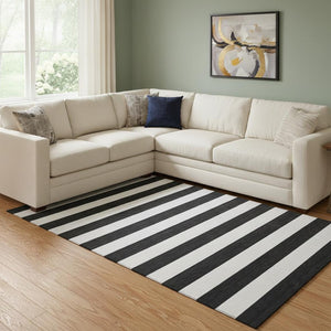 HomeRoots 9' X 12' Black And Ivory Striped Area Rug - Machine Washable, UV-Protected, Durable & Stylish Design 647565
