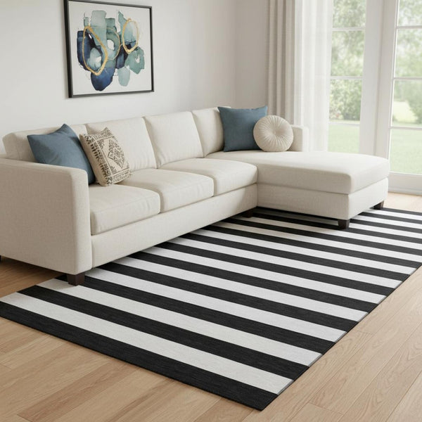 HomeRoots 10' X 14' Black And Ivory Striped Area Rug - Washable, Durable, UV Protected for High-Traffic Spaces 647566