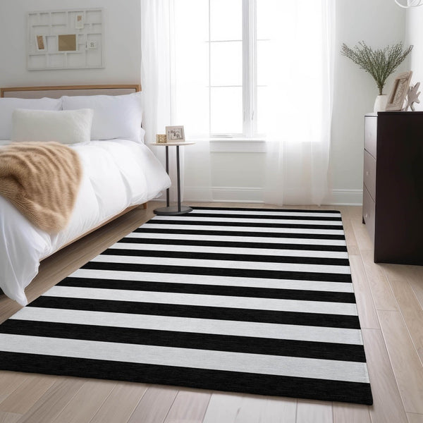 HomeRoots 10' X 14' Black And Ivory Striped Area Rug - Washable, Durable, UV Protected for High-Traffic Spaces 647566