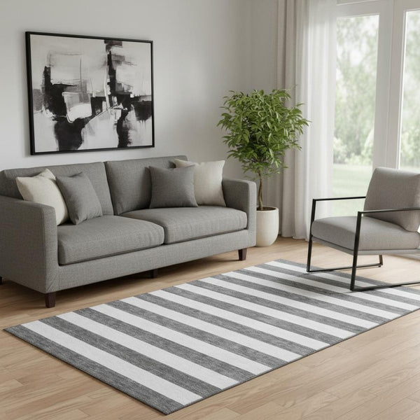 HomeRoots 5' Stylish Charcoal and Ivory Striped Washable Area Rug - Durable, UV-Protected & Stain-Resistant! 647568