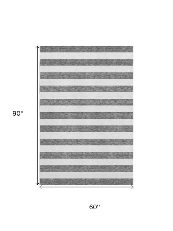 HomeRoots 5' Stylish Charcoal and Ivory Striped Washable Area Rug - Durable, UV-Protected & Stain-Resistant! 647568