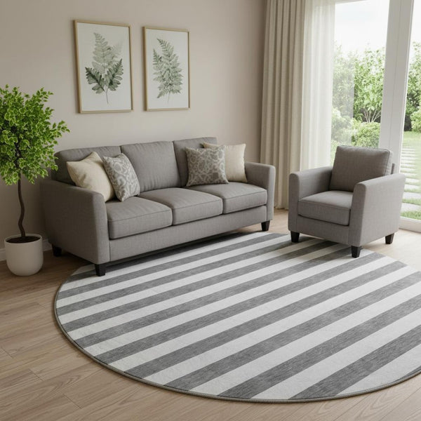 HomeRoots 8' Charcoal and Ivory Striped Round Rug - Washable, UV-Protected, Stain-Resistant for Busy Homes 647569