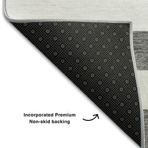 HomeRoots 8' Charcoal and Ivory Striped Round Rug - Washable, UV-Protected, Stain-Resistant for Busy Homes 647569