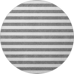 HomeRoots 8' Charcoal and Ivory Striped Round Rug - Washable, UV-Protected, Stain-Resistant for Busy Homes 647569
