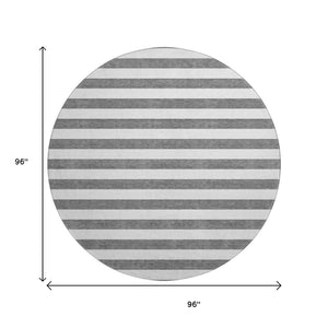 HomeRoots 8' Charcoal and Ivory Striped Round Rug - Washable, UV-Protected, Stain-Resistant for Busy Homes 647569