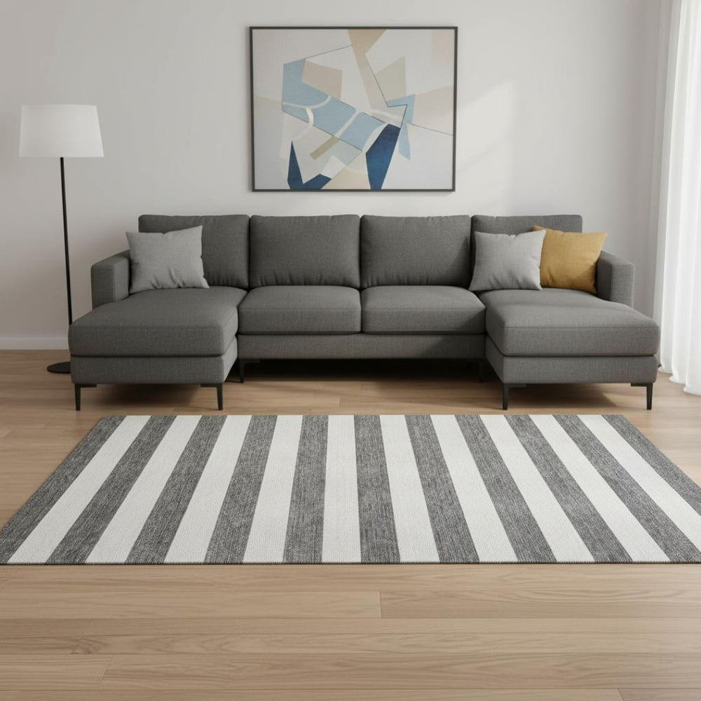 HomeRoots 8' X 10' Charcoal & Ivory Striped Washable Area Rug – Stain Resistant, UV Protected & Stylish Comfort 647570
