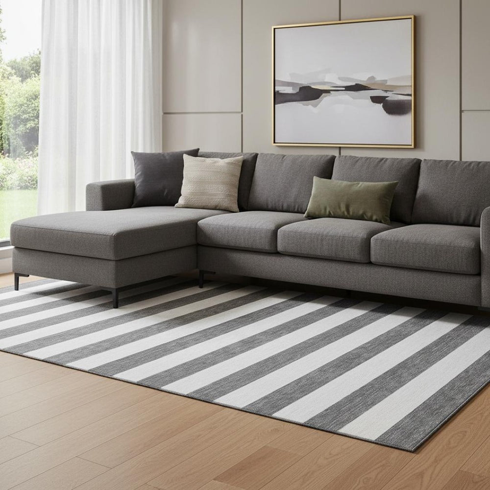 HomeRoots 9' X 12' Charcoal & Ivory Striped Washable Area Rug - Durable, UV-Protected, Stain Resistant Design 647571