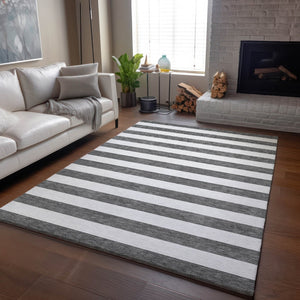 HomeRoots 9' X 12' Charcoal & Ivory Striped Washable Area Rug - Durable, UV-Protected, Stain Resistant Design 647571