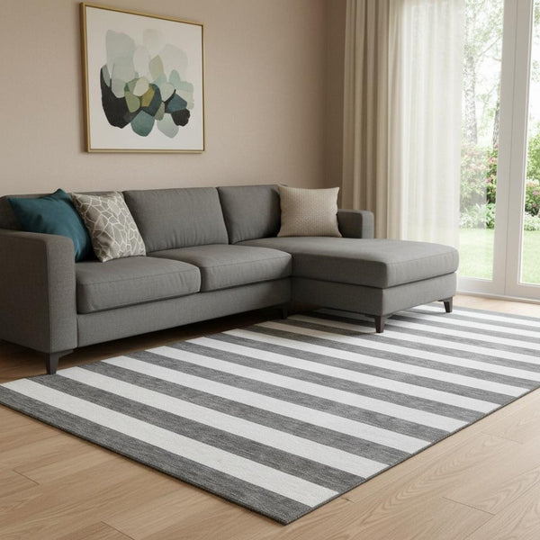 HomeRoots 10' Charcoal and Ivory Striped Washable Area Rug - Durable, UV Protected, Perfect for High-Traffic Spaces! 647572