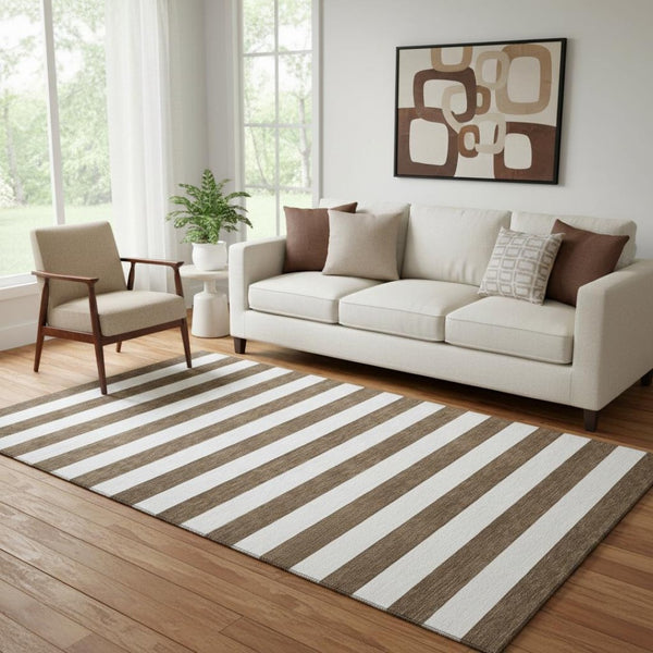 HomeRoots 5' Chocolate & Ivory Striped Washable Area Rug – Durable, Stain-Resistant, UV Protected for Homes 647574