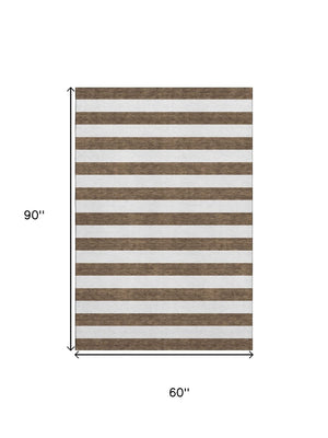 HomeRoots 5' Chocolate & Ivory Striped Washable Area Rug – Durable, Stain-Resistant, UV Protected for Homes 647574