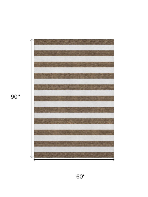 HomeRoots 5' Chocolate & Ivory Striped Washable Area Rug – Durable, Stain-Resistant, UV Protected for Homes 647574
