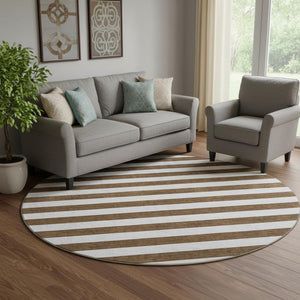 HomeRoots 8' Chocolate and Ivory Striped Round Washable Rug with UV Protection for Modern & Classic Homes 647575