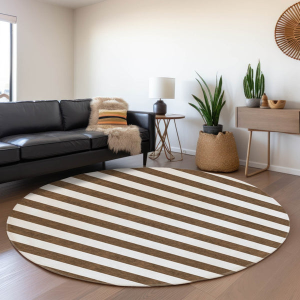 HomeRoots 8' Chocolate and Ivory Striped Round Washable Rug with UV Protection for Modern & Classic Homes 647575