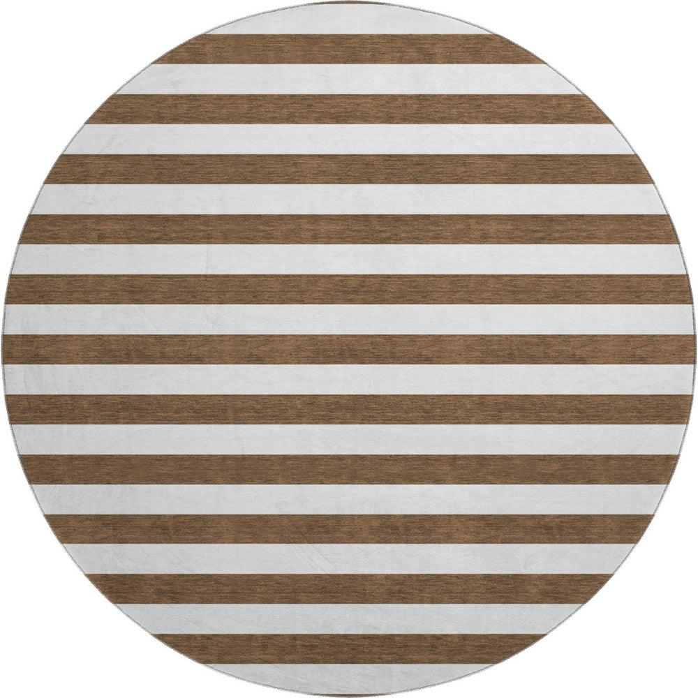 HomeRoots 8' Chocolate and Ivory Striped Round Washable Rug with UV Protection for Modern & Classic Homes 647575