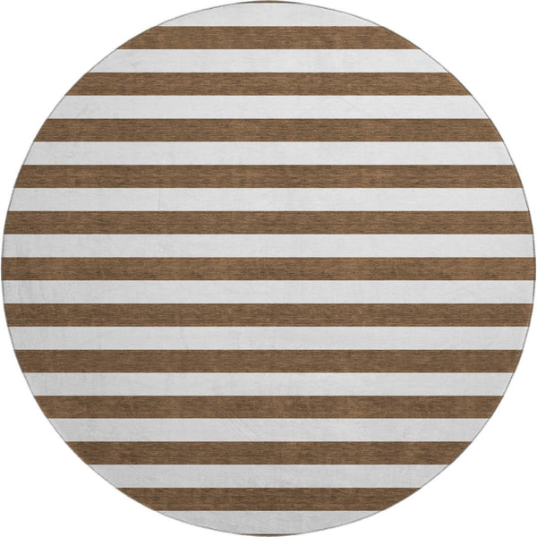 HomeRoots 8' Chocolate and Ivory Striped Round Washable Rug with UV Protection for Modern & Classic Homes 647575
