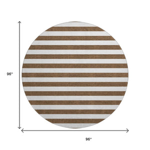 HomeRoots 8' Chocolate and Ivory Striped Round Washable Rug with UV Protection for Modern & Classic Homes 647575