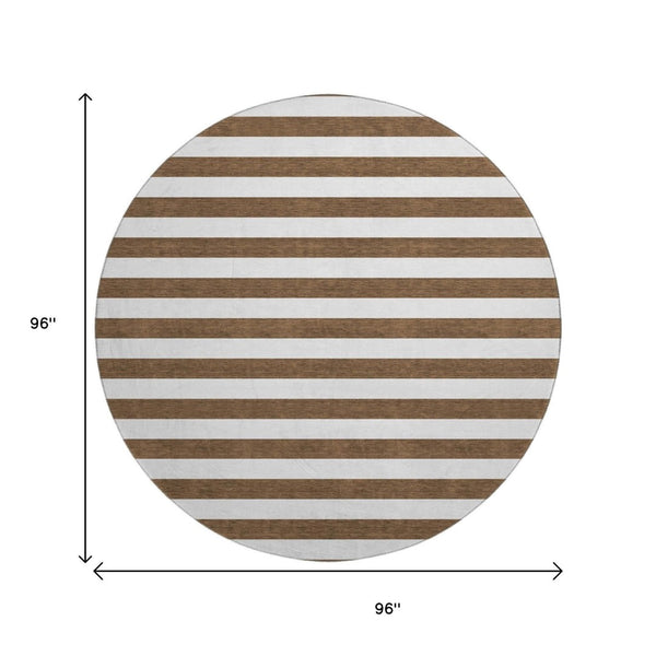 HomeRoots 8' Chocolate and Ivory Striped Round Washable Rug with UV Protection for Modern & Classic Homes 647575