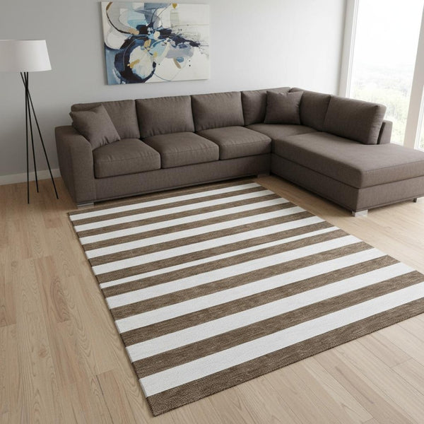 HomeRoots 8' X 10' Chocolate & Ivory Striped Washable Area Rug - Durable, Stain Resistant & UV Protected Style! 647576