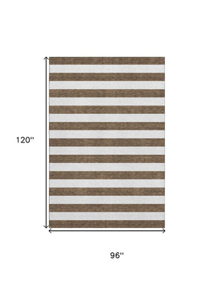 HomeRoots 8' X 10' Chocolate & Ivory Striped Washable Area Rug - Durable, Stain Resistant & UV Protected Style! 647576