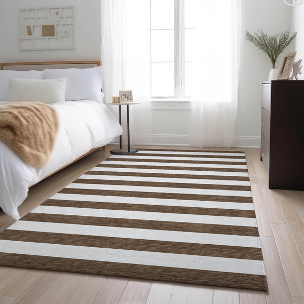 HomeRoots 9' X 12' Chocolate and Ivory Striped Washable Area Rug - Durable, Stain-Resistant, UV Protected Design 647577