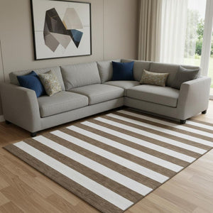 HomeRoots 9' X 12' Chocolate and Ivory Striped Washable Area Rug - Durable, Stain-Resistant, UV Protected Design 647577