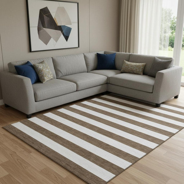 HomeRoots 9' X 12' Chocolate and Ivory Striped Washable Area Rug - Durable, Stain-Resistant, UV Protected Design 647577