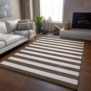 HomeRoots 9' X 12' Chocolate and Ivory Striped Washable Area Rug - Durable, Stain-Resistant, UV Protected Design 647577