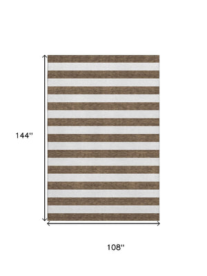 HomeRoots 9' X 12' Chocolate and Ivory Striped Washable Area Rug - Durable, Stain-Resistant, UV Protected Design 647577