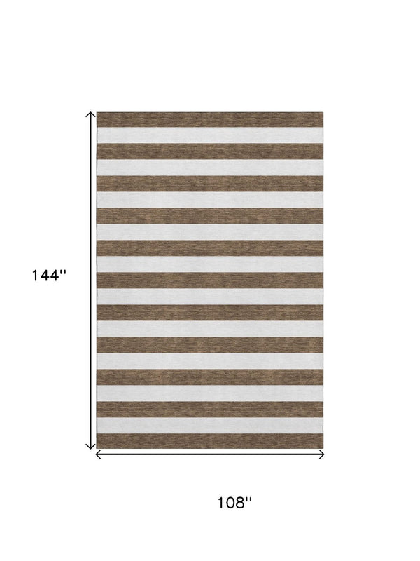 HomeRoots 9' X 12' Chocolate and Ivory Striped Washable Area Rug - Durable, Stain-Resistant, UV Protected Design 647577