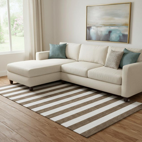 HomeRoots 10' X 14' Chocolate and Ivory Striped Area Rug - Durable, Washable, UV-Protected for Busy Homes 647578