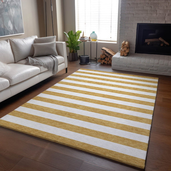 HomeRoots 5' Gold and Ivory Striped Washable Area Rug with UV Protection – Durable, Stain Resistant & Stylish! 647580