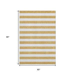 HomeRoots 5' Gold and Ivory Striped Washable Area Rug with UV Protection – Durable, Stain Resistant & Stylish! 647580