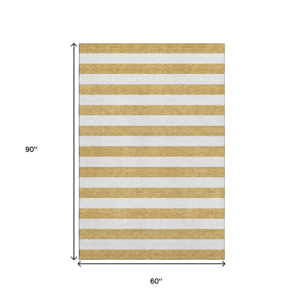 HomeRoots 5' Gold and Ivory Striped Washable Area Rug with UV Protection – Durable, Stain Resistant & Stylish! 647580