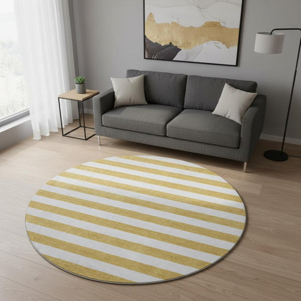 HomeRoots 8' Gold and Ivory Striped Round Rug - Washable, UV-Protected, Stylish, and Stain Resistant for Homes 647581