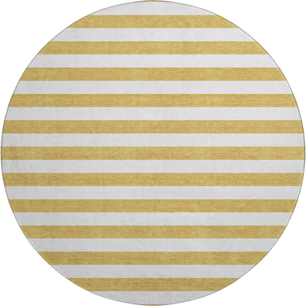 HomeRoots 8' Gold and Ivory Striped Round Rug - Washable, UV-Protected, Stylish, and Stain Resistant for Homes 647581
