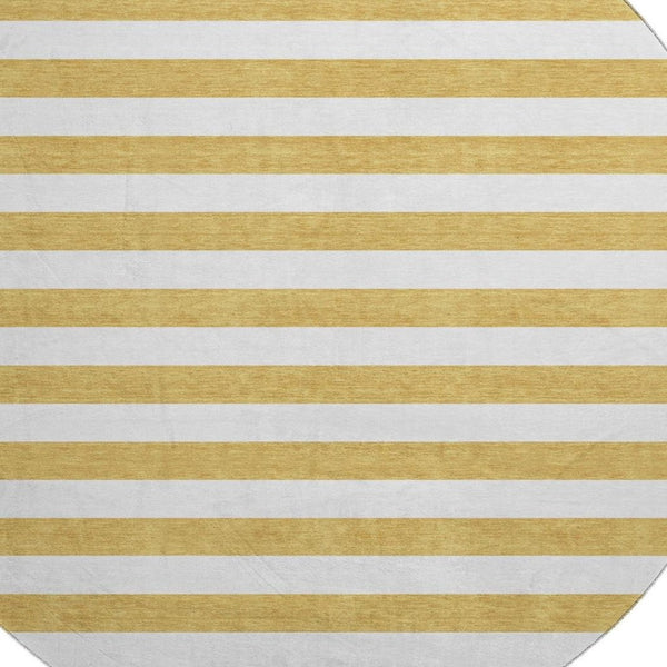 HomeRoots 8' Gold and Ivory Striped Round Rug - Washable, UV-Protected, Stylish, and Stain Resistant for Homes 647581
